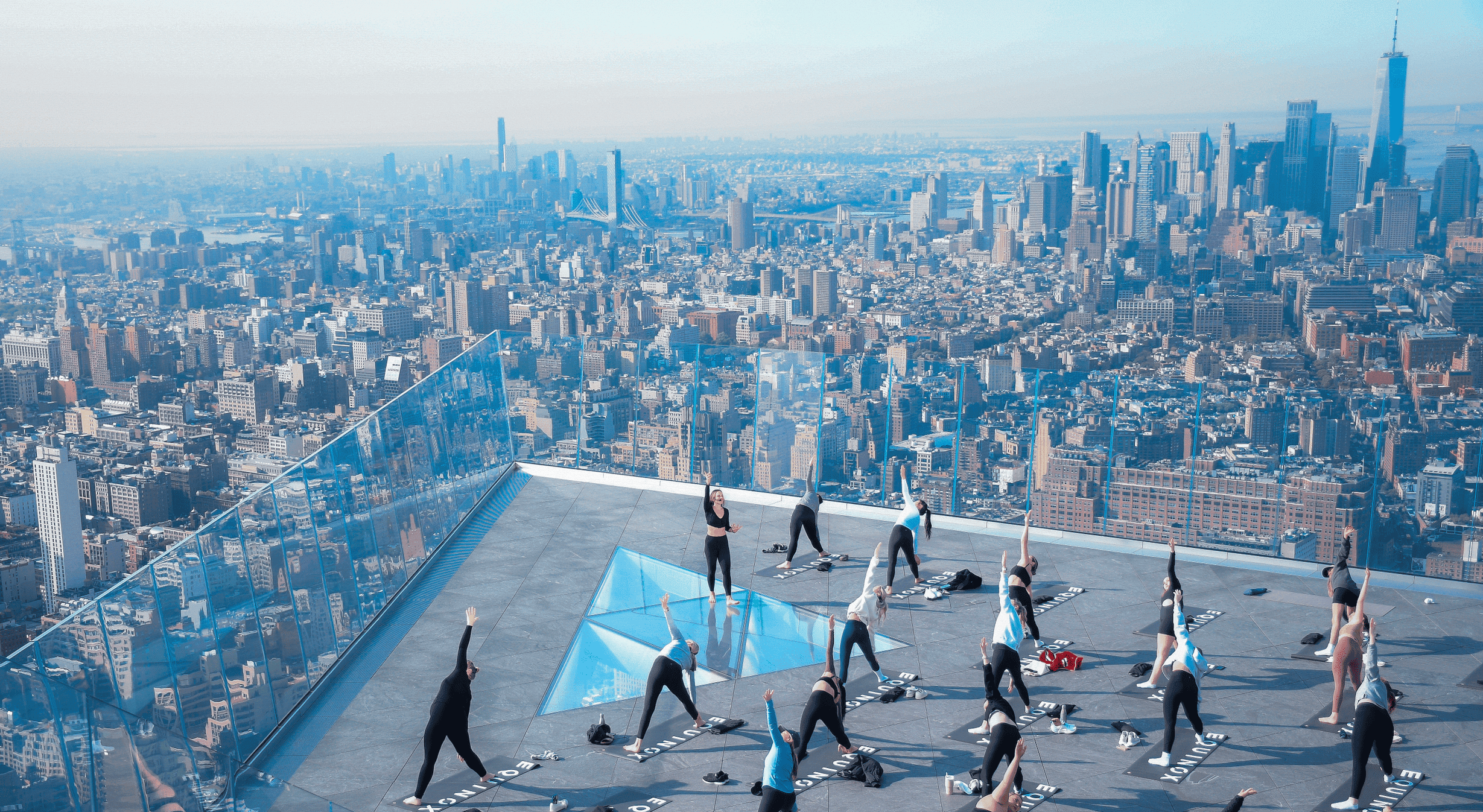Yoga class viewing the skyline